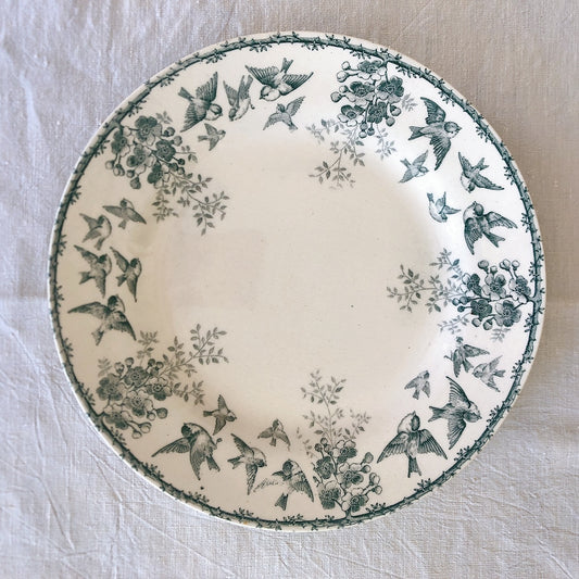 ショワジー・ル・ロワ アンティークプレート 小鳥とワイルドローズ 平皿 19.5cm A フランスアンティーク食器・プレート フランス直送アンティーク