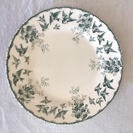 ショワジー・ル・ロワ アンティークプレート 小鳥とワイルドローズ 平皿 19.5cm B フランスアンティーク食器・プレート フランス直送アンティーク