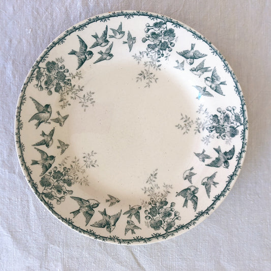 ショワジー・ル・ロワ アンティークプレート 小鳥とワイルドローズ 平皿 19.5cm C フランスアンティーク食器・プレート フランス直送アンティーク