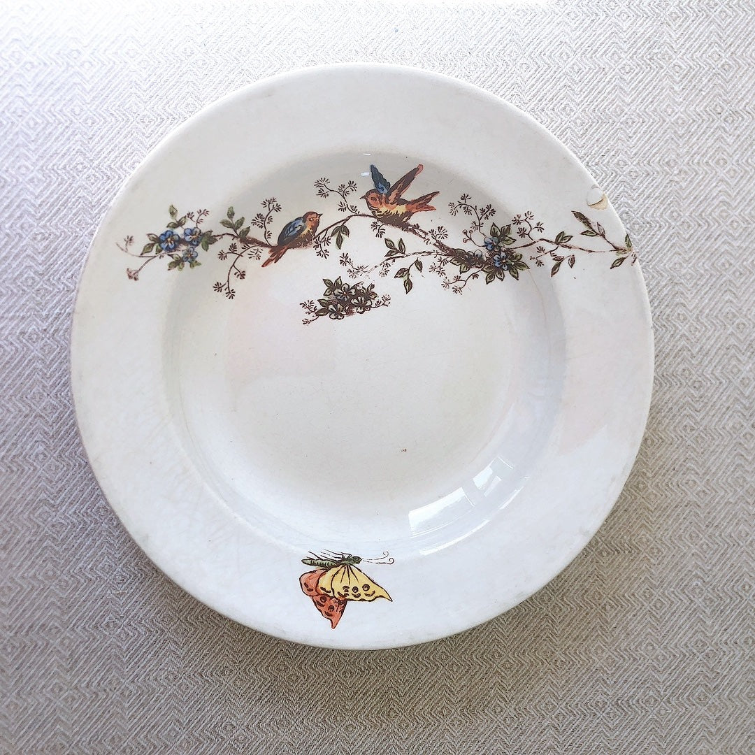 ディゴワンサルグミンヌ Digoin&sarreguemines 鳥&超モチーフプレート・深皿 オレンジ フランスアンティーク食器 フランス蚤の市・ブロカント