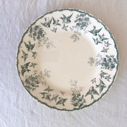 ショワジー・ル・ロワ アンティークプレート 平皿 小鳥とワイルドローズ 19.5cm D フランスアンティーク食器・プレート フランス直送アンティーク