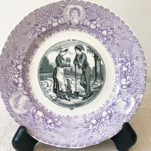 フランスアンティーク ヴィエイヤーボルドー 絵皿 おしゃべりプレート パープル A