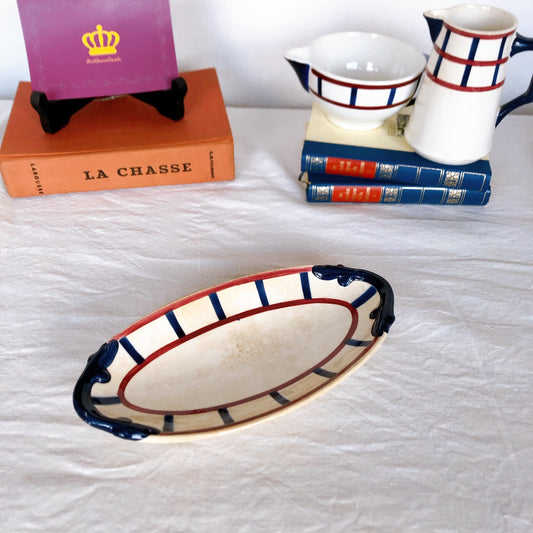 クレイユモントロー HBCM Béarn ラヴィエ オーバル皿 バスク柄 「ボルドーxダークブルー」フランスアンティーク食器 ブロカント 蚤の市