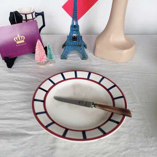 クレイユエモントロー HBCM Béarn コンポティエ/ケーキスタンド バスク柄 「ボルドーxダークブルー」フランスアンティーク食器 ブロカント 蚤の市