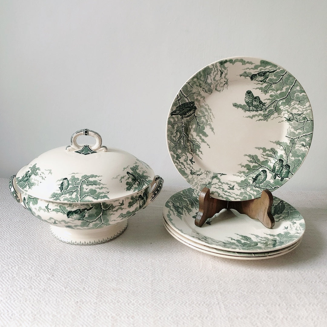 【美品】フランスアンティーク U&C sarreguemines サルグミンヌ スーピエール ”NEIGE”小鳥 フランスアンティーク食器 ブロカント 蚤の市