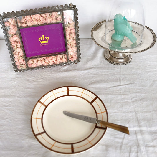 フランスアンティーク Longchamp ロンシャン YVONNE の平皿 B バスク柄 マロン✕オレンジ フランスアンティーク食器 ブロカント 蚤の市