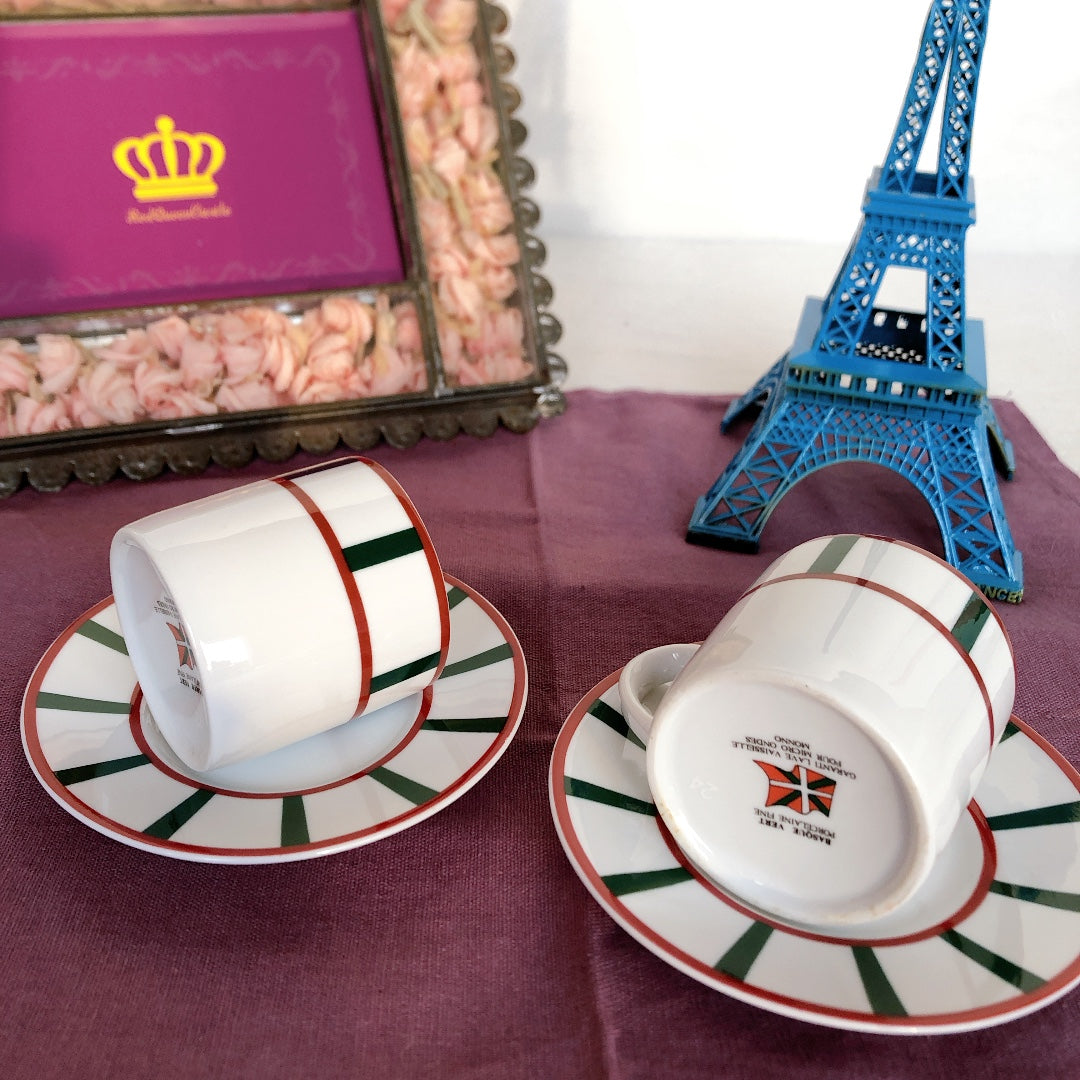 フランスアンティーク バスク柄 カップ&ソーサー「レッドxグリーン」B アンティーク食器・皿・プレート ブロカント