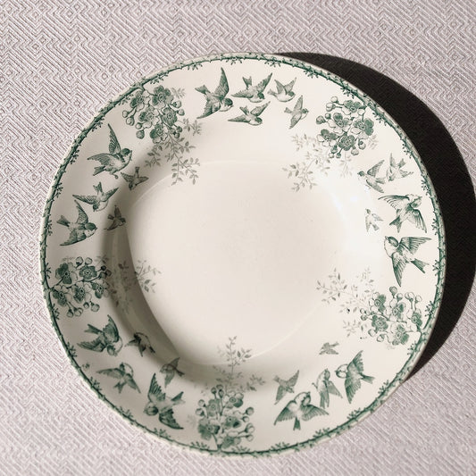 ショワジー・ル・ロワ アンティークプレート 小鳥とワイルドローズ 深皿 23cm A フランスアンティーク食器・プレート フランス直送アンティーク