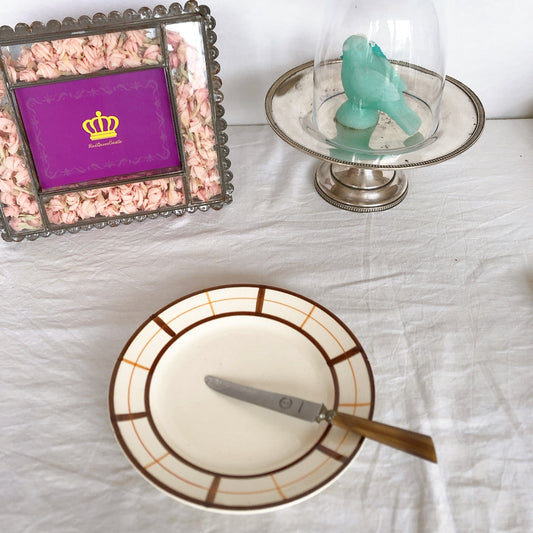 フランスアンティーク Longchamp ロンシャン YVONNE の平皿 C バスク柄 マロン✕オレンジ フランスアンティーク食器 ブロカント 蚤の市