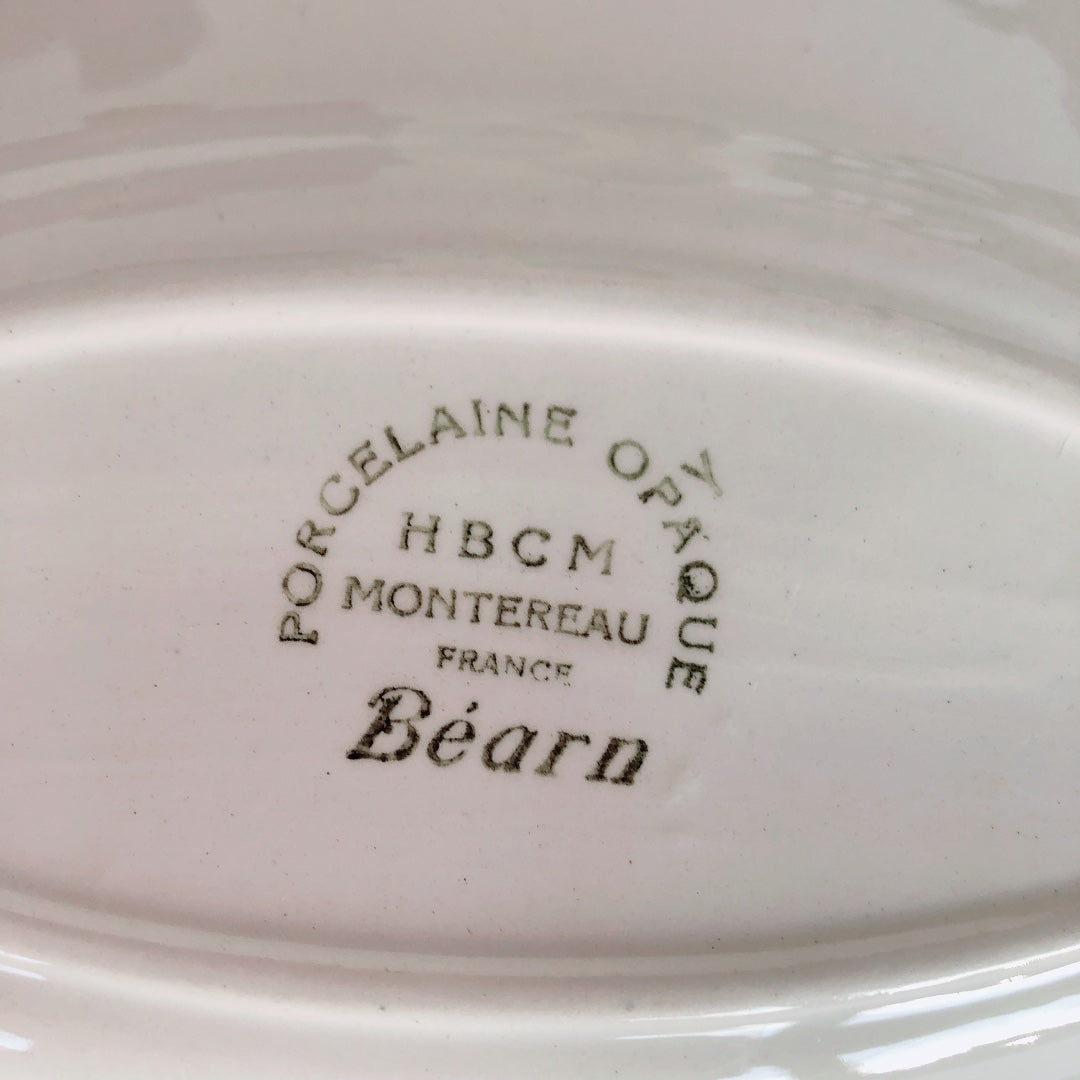 クレイユエモントロー HBCM Béarn ラヴィエ オーバル皿 バスク柄 A「ボルドーxダークブルー」フランスアンティーク食器 ブロカント 蚤の市
