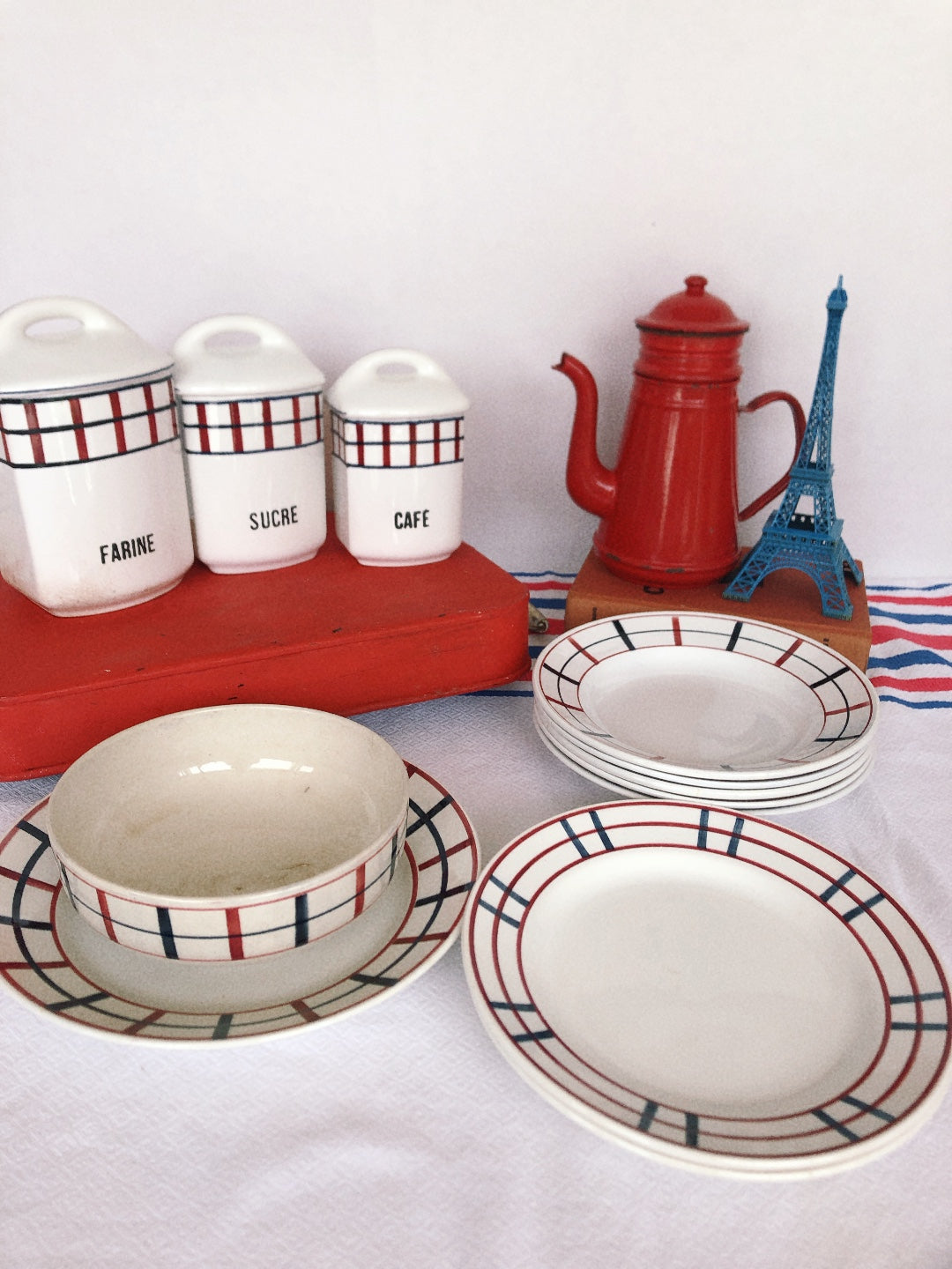 ジアン Gien 『BAYONNE』ディナープレート バスク柄 レッド✕ブルー B フランスアンティーク・食器・皿・プレート ブロカント