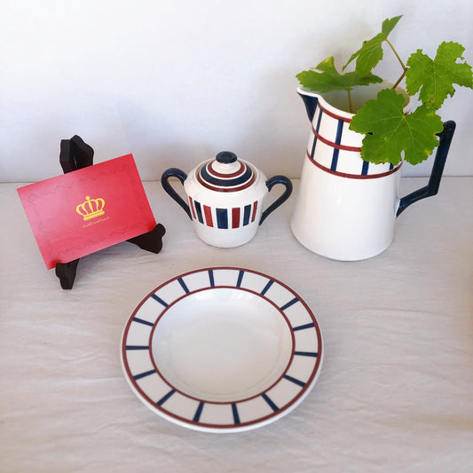 ディゴワンサルグミンヌ ピロブラン バスク柄 スーププレート 『ワインレッド・ネイビー』B フランスアンティーク食器 フランス蚤の市・ブロカント バスク柄食器