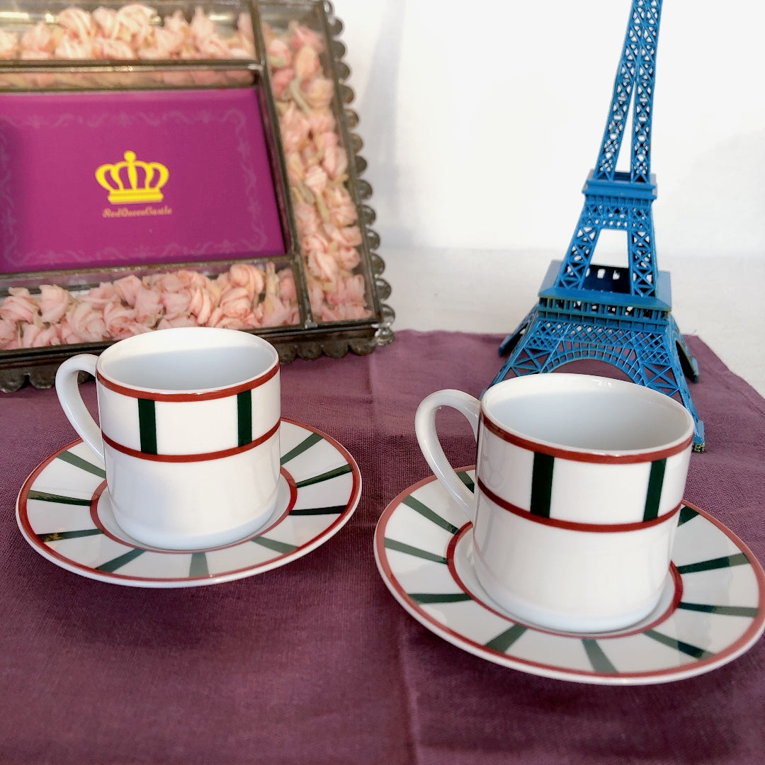フランスアンティーク バスク柄 カップ&ソーサー「レッドxグリーン」B アンティーク食器・皿・プレート ブロカント