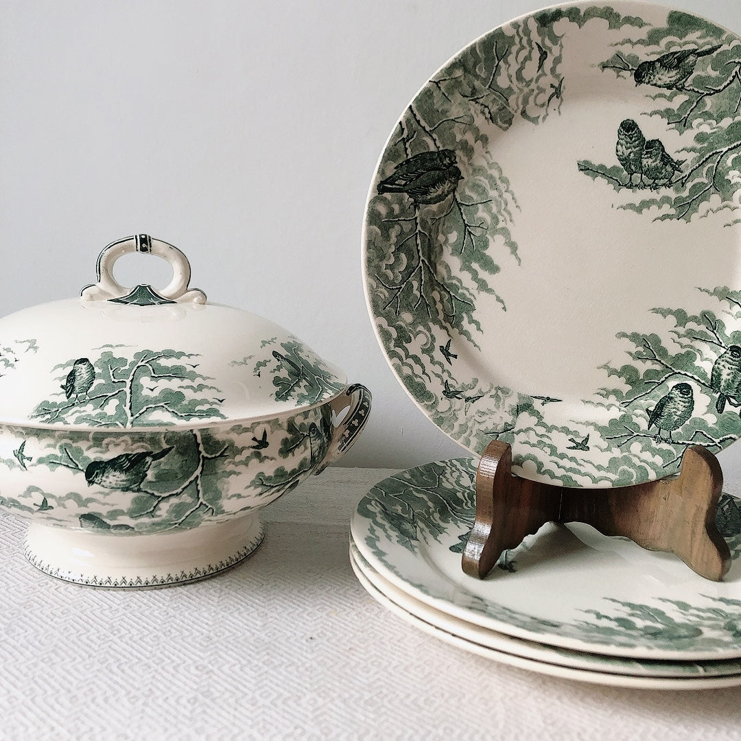 【美品】フランスアンティーク U&C sarreguemines サルグミンヌ スーピエール ”NEIGE”小鳥 フランスアンティーク食器 ブロカント 蚤の市