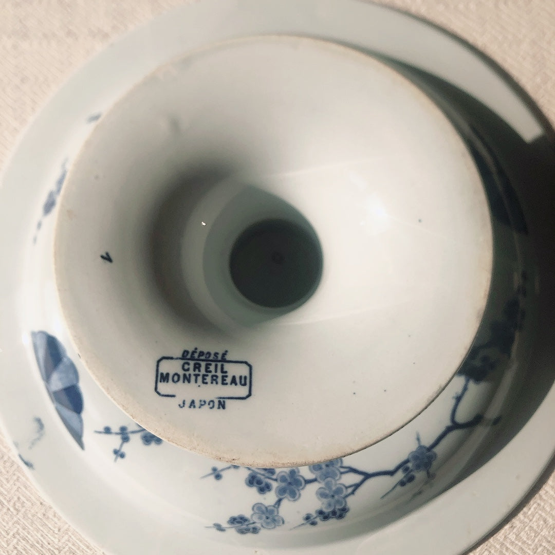 フランスアンティークプレート クレイユモントロー コンポティエ コンポ―ト皿『ジャポン』ブルー アンティーク食器 フランスブロカント・蚤の市