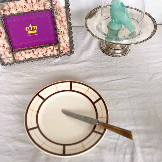 フランスアンティーク Longchamp ロンシャン YVONNE の平皿 A バスク柄 マロン✕オレンジ フランスアンティーク食器 ブロカント 蚤の市