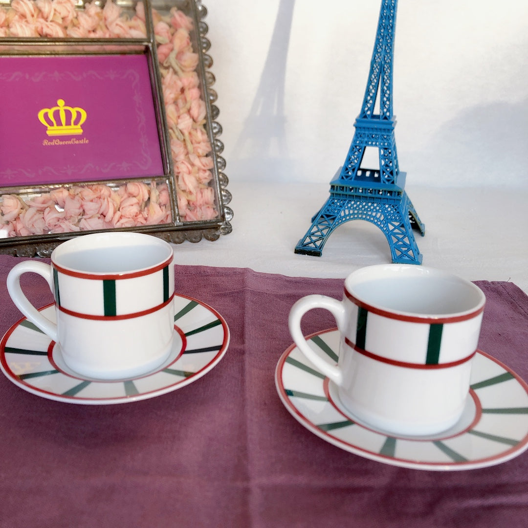 フランスアンティーク バスク柄 カップ&ソーサー「レッドxグリーン」B アンティーク食器・皿・プレート ブロカント