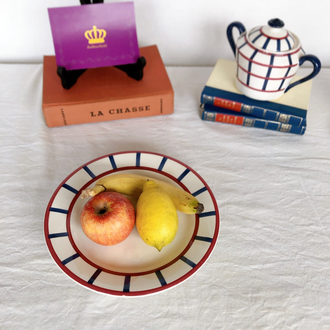 クレイユエモントロー HBCM Béarn コンポティエ/ケーキスタンド バスク柄 「ボルドーxダークブルー」フランスアンティーク食器 ブロカント 蚤の市