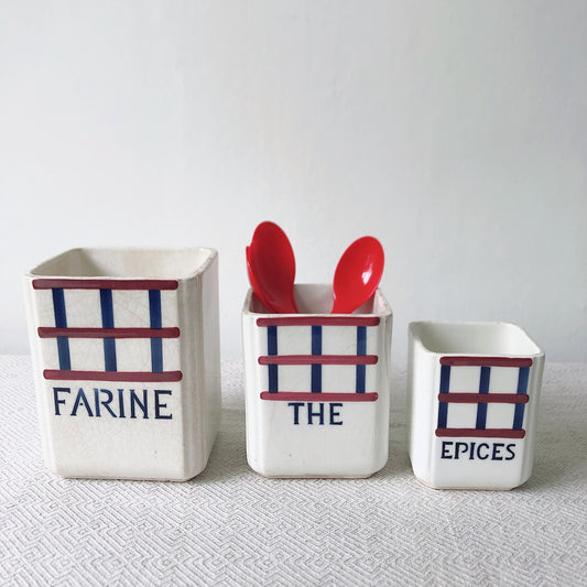 フランスアンティーク HBCM Béarn クレイユエモントロー バスク柄 陶器キャニスター3点セット 陶器「ルージュ・マリン」
