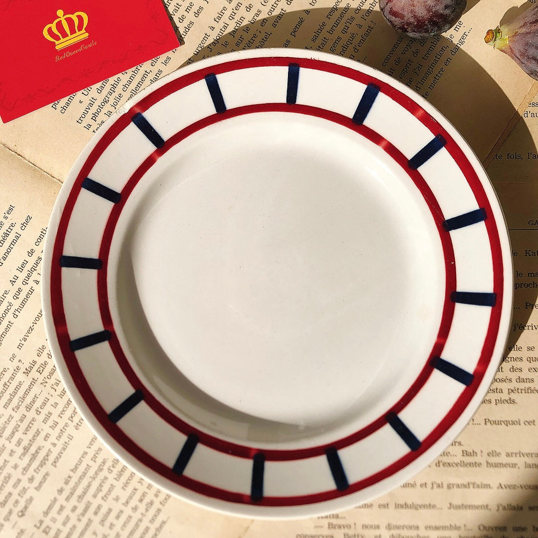 フランスアンティーク HBCM Béarn クレイユエモントロー バスク柄 デザートプレート「ボルドー・ダークブルー」B フランスアンティーク食器 ブロカント 蚤の市