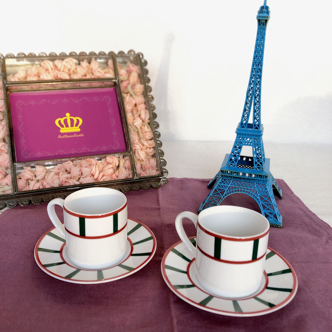 フランスアンティーク バスク柄 カップ&ソーサー「レッドxグリーン」E アンティーク食器・皿・プレート ブロカント