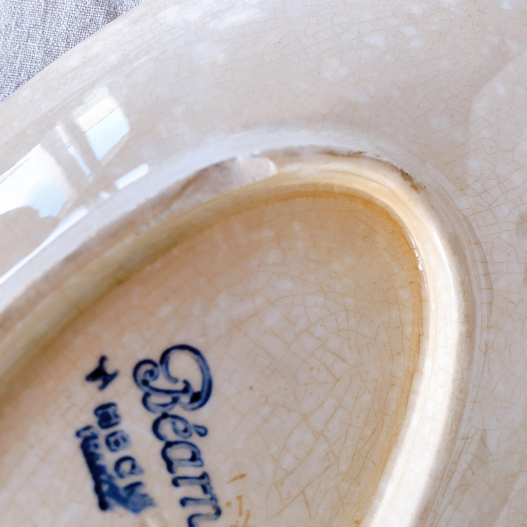 クレイユモントロー HBCM Béarn ラヴィエ オーバル皿 バスク柄 「ボルドーxダークブルー」フランスアンティーク食器 ブロカント 蚤の市