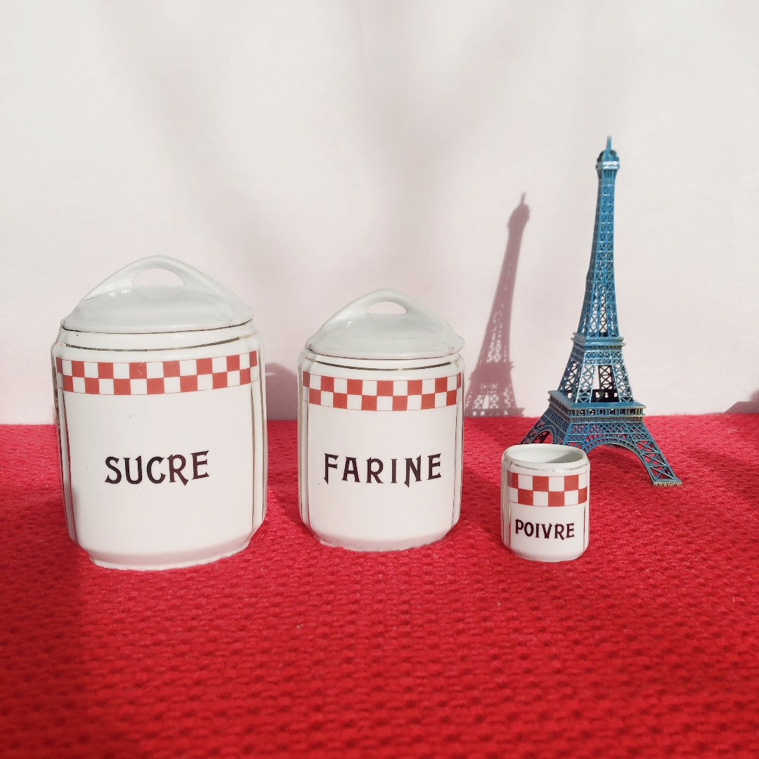 フランスアンティーク 陶器キャニスター ダミエ柄 レッド&ホワイト 3点セット フランスアンティーク食器 ブロカント 蚤の市