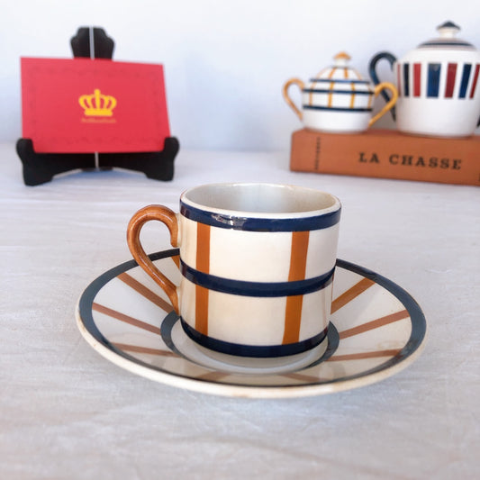 クレイユモントロー HBCM Béarn バスク柄 カップ&ソーサー「マロン・ダークブルー」C フランスアンティーク・食器・皿・プレート ブロカント