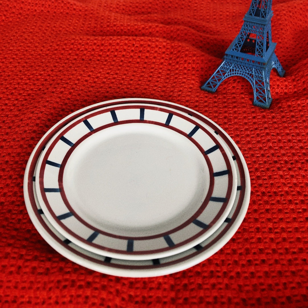 フランスアンティーク HBCM Béarn クレイユエモントロー バスク柄 デザートプレート「レッドxダークブルー」B フランスアンティーク食器 ブロカント 蚤の市