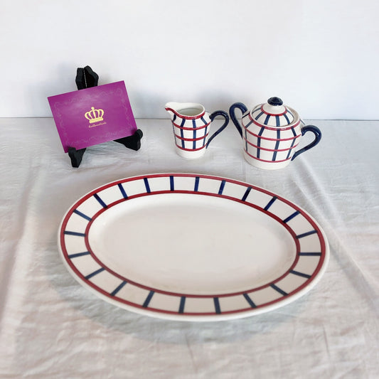 クレイユモントロー HBCM Béarn バスク柄 オーバル皿 楕円形大皿「ボルドー・ダークブルー」フランスアンティーク・食器・皿・プレート ブロカント