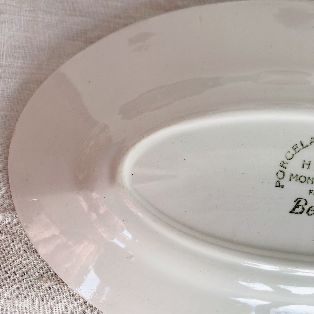 クレイユエモントロー HBCM Béarn ラヴィエ オーバル皿 バスク柄 A「ボルドーxダークブルー」フランスアンティーク食器 ブロカント 蚤の市