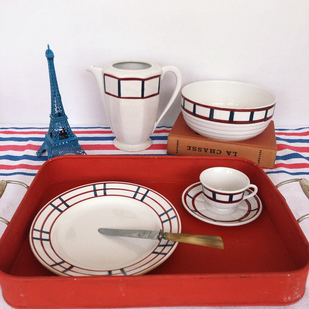 ご予約バスク柄食器セット ジアン Gien 『BAYONNE』ディナープレート バスク柄 レッド✕ブルー A フランスアンティーク・食器・皿・プレート ブロカント