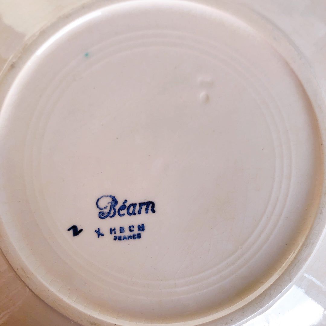 フランスアンティーク HBCM Béarn クレイユモントロー バスク柄 ディナープレート /平皿「イエローxダークブルー」B フランスアンティーク食器 ブロカント 蚤の市