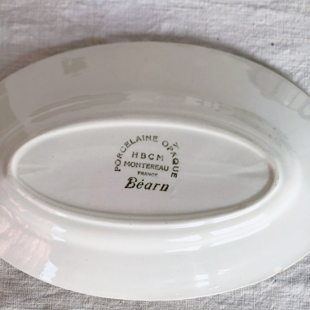 クレイユエモントロー HBCM Béarn ラヴィエ オーバル皿 バスク柄 A「ボルドーxダークブルー」フランスアンティーク食器 ブロカント 蚤の市