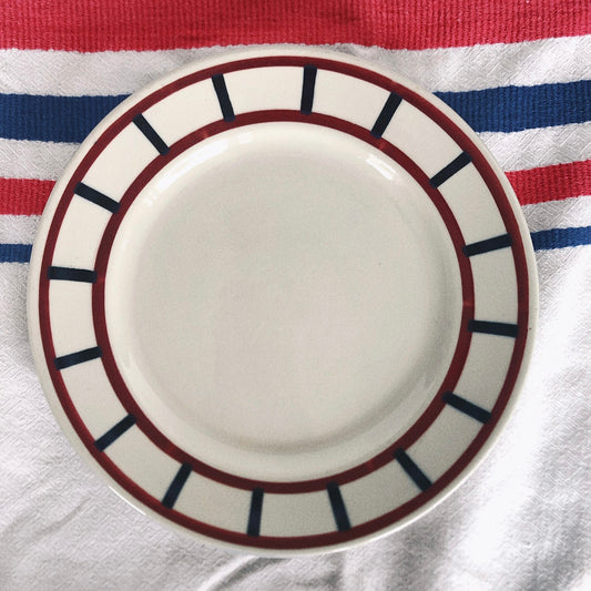 フランスアンティーク HBCM Béarn クレイユモントロー バスク柄 ディナープレート /平皿 23cm「レッドxブルー」A フランスアンティーク食器 ブロカント 蚤の市