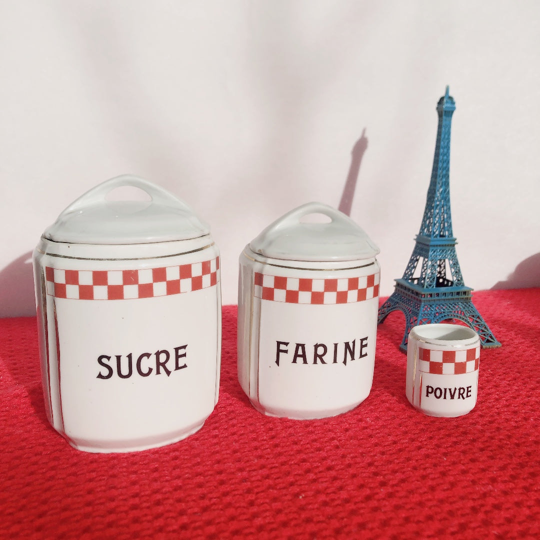 フランスアンティーク 陶器キャニスター ダミエ柄 レッド&ホワイト 3点セット フランスアンティーク食器 ブロカント 蚤の市