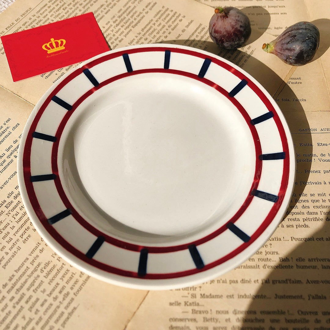 フランスアンティーク HBCM Béarn クレイユエモントロー バスク柄 デザートプレート「ボルドー・ダークブルー」B フランスアンティーク食器 ブロカント 蚤の市