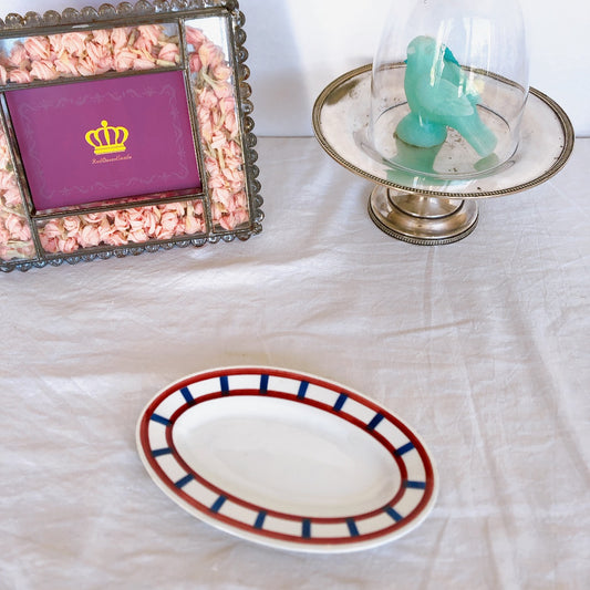 クレイユエモントロー HBCM Béarn ラヴィエ オーバル皿 バスク柄「ボルドーxダークブルー」フランスアンティーク食器 ブロカント 蚤の市