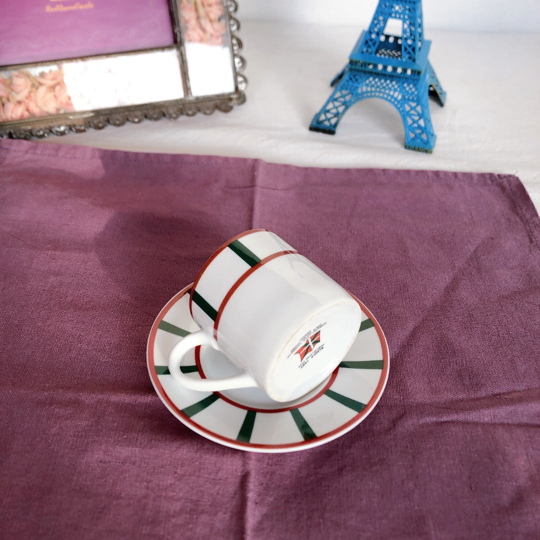 フランスアンティーク バスク柄 カップ&ソーサー「レッドxグリーン」B アンティーク食器・皿・プレート ブロカント