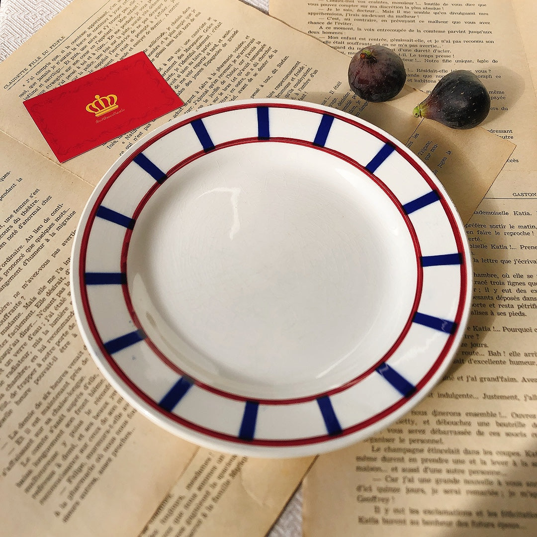 ディゴワンサルグミンヌ バスク柄 デザートプレート 『ルージュ・マリン』B フランスアンティーク食器 フランス蚤の市・ブロカント バスク柄デザートプレート
