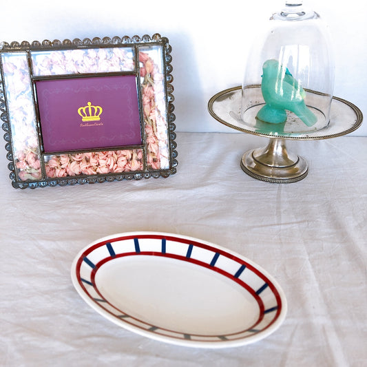 ご予約クレイユエモントロー HBCM Béarn ラヴィエ オーバル皿 バスク柄「ボルドーxダークブルー」モノプリエコバックセット フランスアンティーク食器 ブロカント 蚤の市