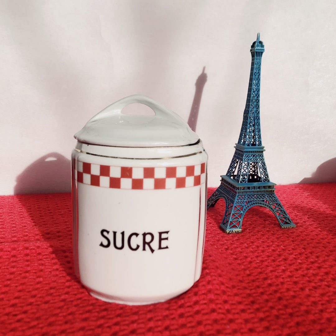 フランスアンティーク 陶器キャニスター ダミエ柄 レッド&ホワイト 3点セット フランスアンティーク食器 ブロカント 蚤の市