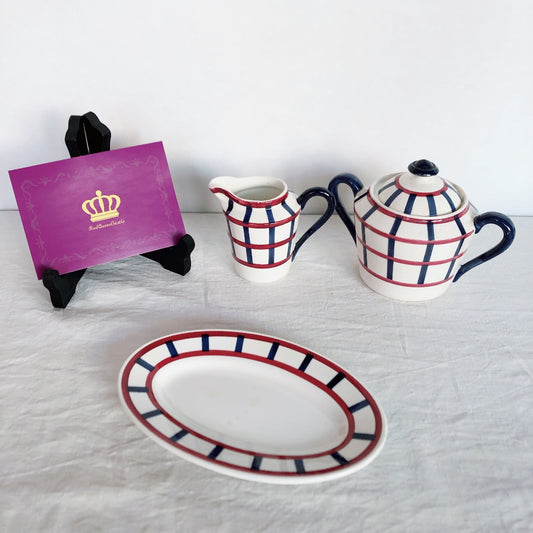 クレイユエモントロー HBCM Béarn ラヴィエ オーバル皿 バスク柄 B「ボルドーxダークブルー」フランスアンティーク食器 ブロカント 蚤の市