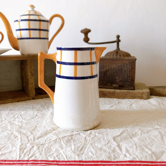 クレイユモントロー HBCM Béarn バスク柄ピシェ ピッチャー ミルクポット 600ML「オレンジ&ブルー」 フランスアンティーク食器 バスク柄プレート ブロカント 蚤の市