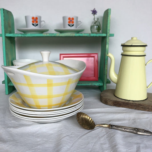 ムーランデルー Moulin des Loups チェック柄 イエロー スーピエール&スーププレートセット フランスアンティーク食器 ブロカント 蚤の市