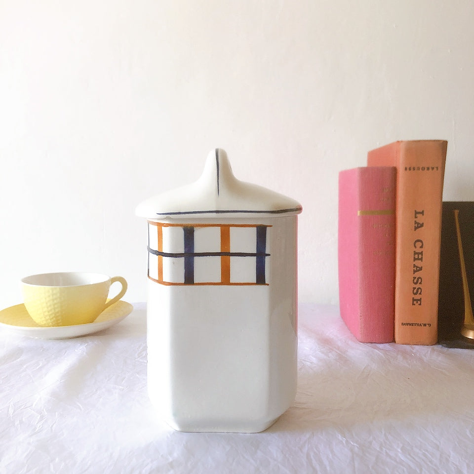 フランスアンティーク サンタマン バスク柄陶器キャニスター 「イエロー・ブルー」 フランスアンティーク食器　ブロカント　蚤の市