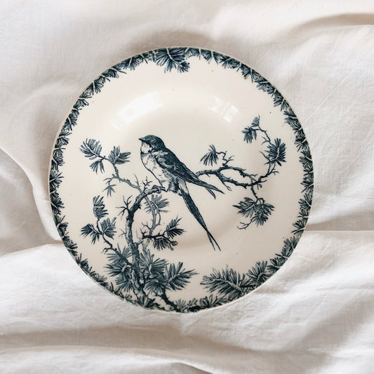 フランスアンティークプレート GIEN ジアン プロヴァンサル 鳥柄 スーププレート ジアンブルー アンティーク食器・皿 ブロカント 蚤の市