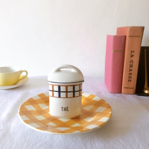 フランスアンティーク サンタマン バスク柄陶器キャニスター 「イエロー・ブルー」 フランスアンティーク食器　ブロカント　蚤の市