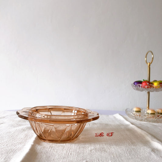 フランス ヴェレコ社 花リムガラスボウル ピンク フランスアンティーク ビンテージ食器・皿・プレート ブロカント