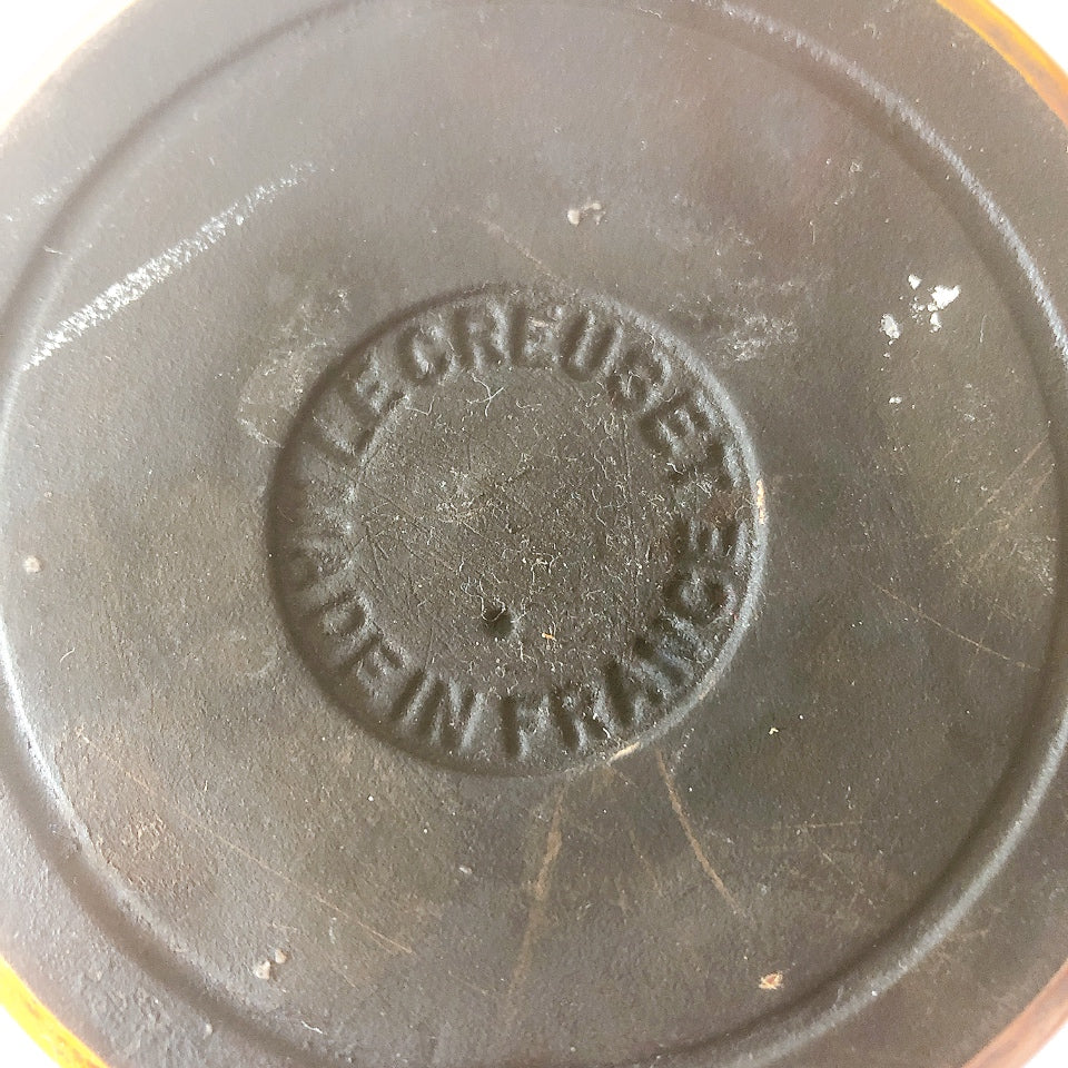 フランス　ルクルーゼ ヴィンテージ フォンデュ鍋 片手鍋蓋つき オレンジ　フランスアンティーク　ブロカント　蚤の市